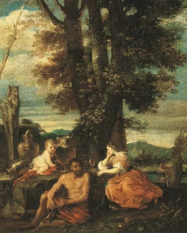 Putto, Satiro e Baccante in un paesaggio arcadico - attribuito